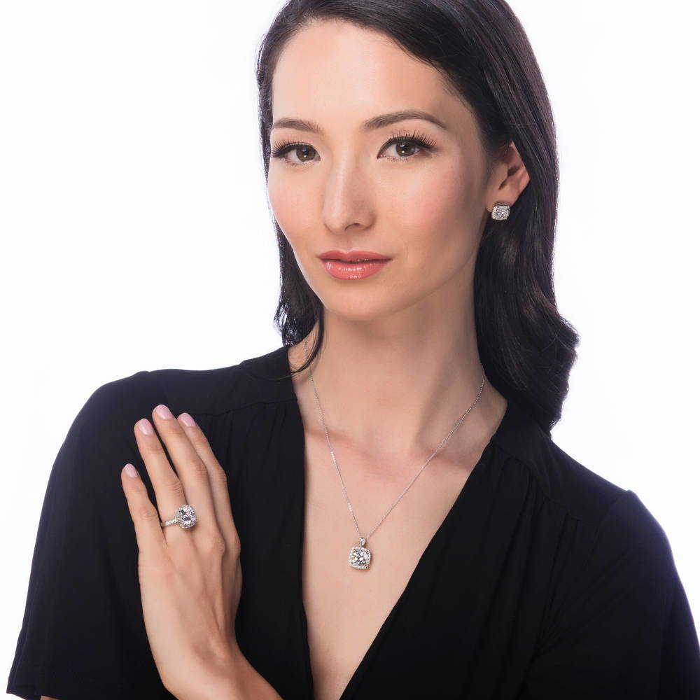 Model wearing Halo Cushion CZ Pendant Necklace in Sterling Silver