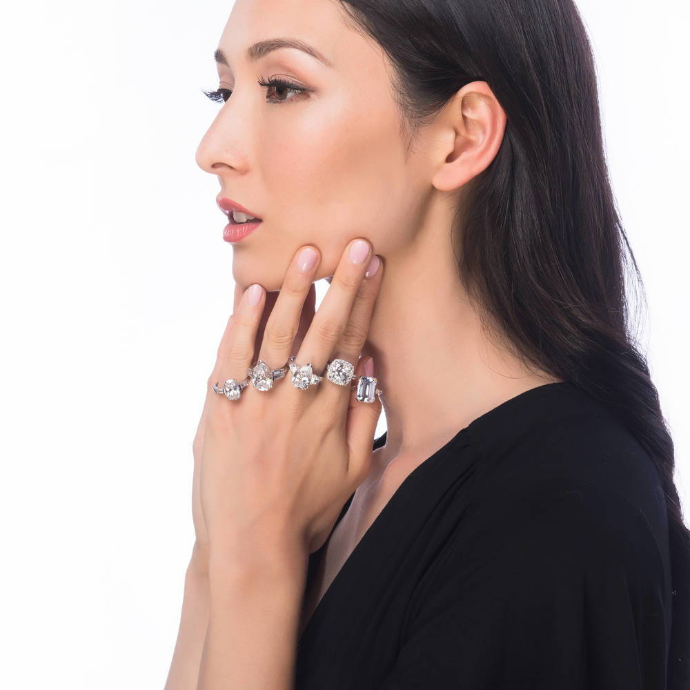 Model wearing 3-Stone Pear CZ Statement Ring in Sterling Silver