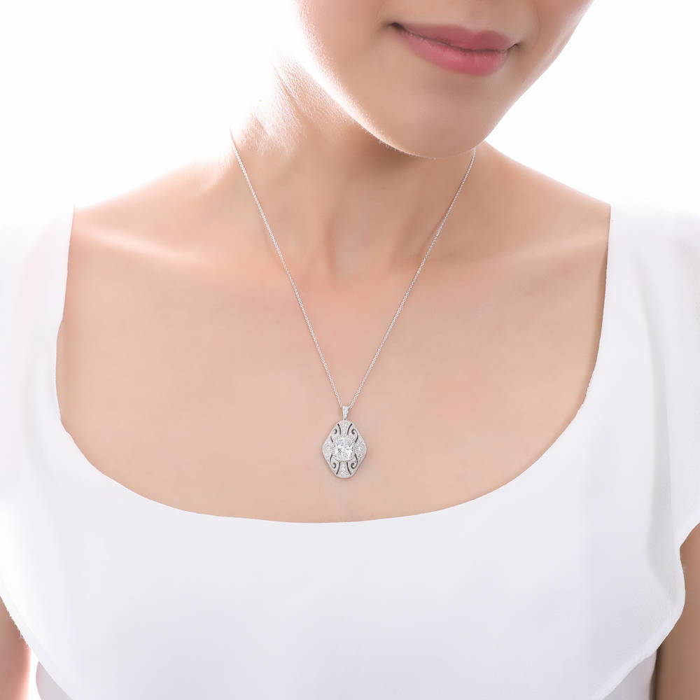 Model wearing Art Deco Filigree CZ Pendant Necklace in Sterling Silver