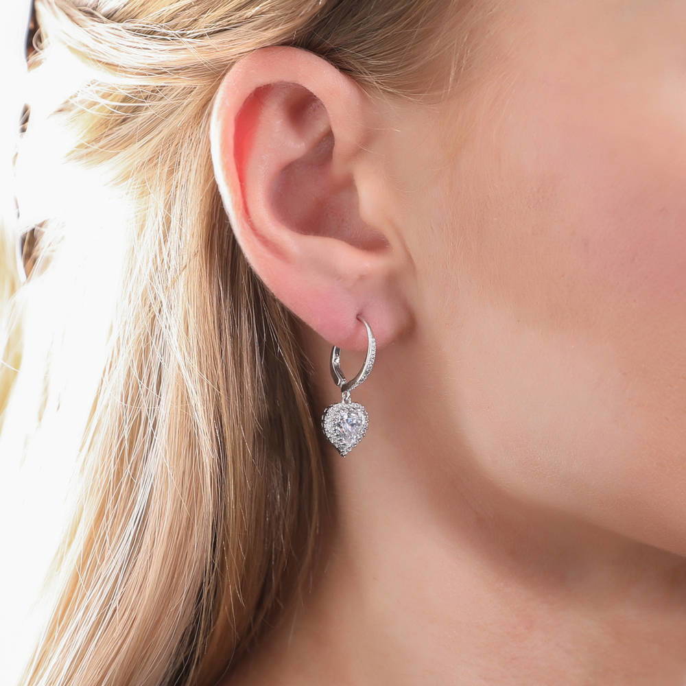 Halo Heart CZ Leverback Dangle Earrings in Sterling Silver