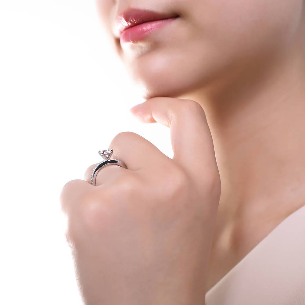 Model wearing Solitaire 1ct Round CZ Ring in Sterling Silver, 3 of 7