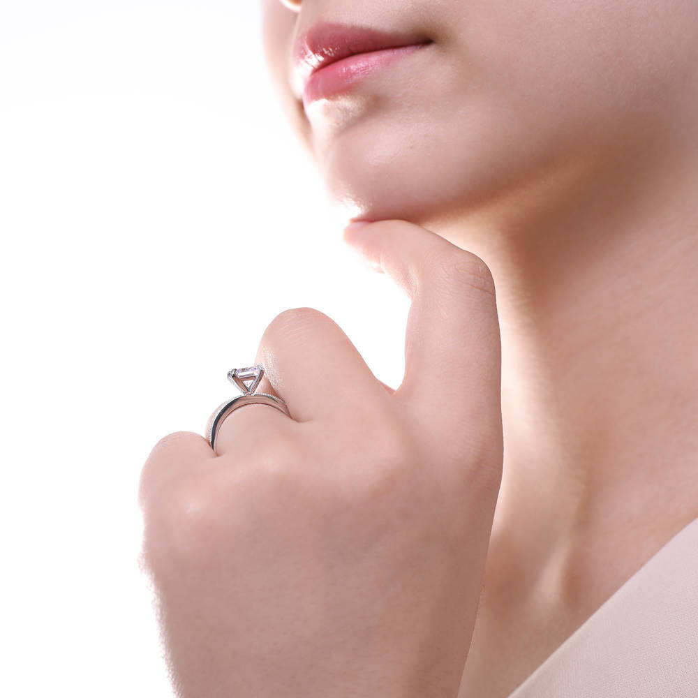 Model wearing Solitaire 1ct Princess CZ Ring in Sterling Silver, 3 of 7