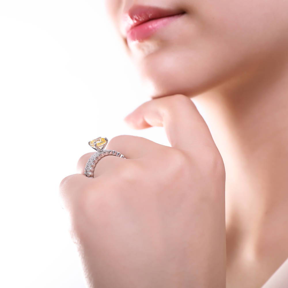 Solitaire 3ct Canary Yellow Cushion CZ Ring in Sterling Silver