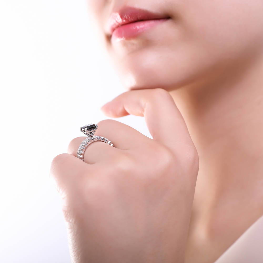 Solitaire 3ct Black Cushion CZ Ring in Sterling Silver