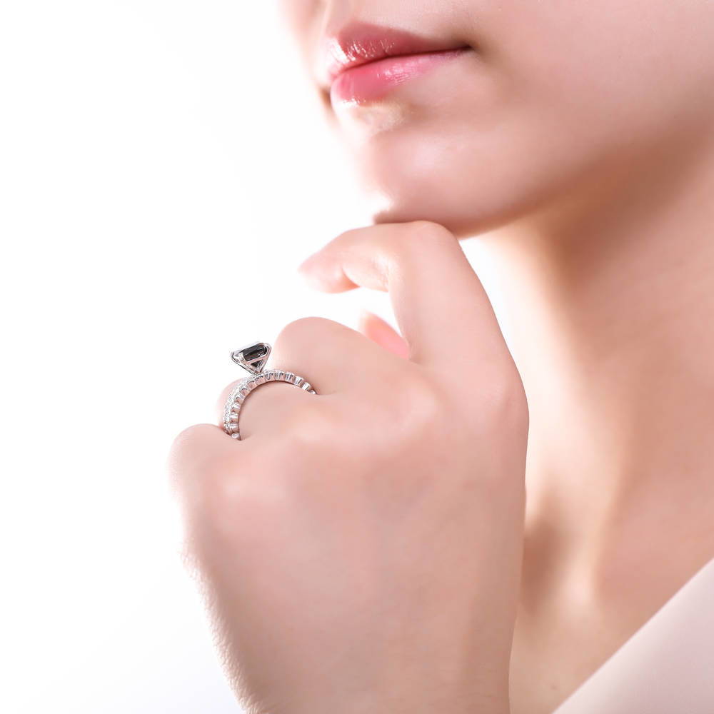 Solitaire 3ct Black Cushion CZ Ring in Sterling Silver