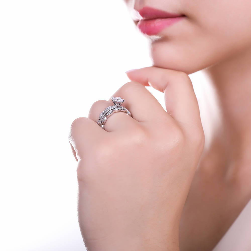 Model wearing Solitaire 1ct Princess CZ Ring Set in Sterling Silver