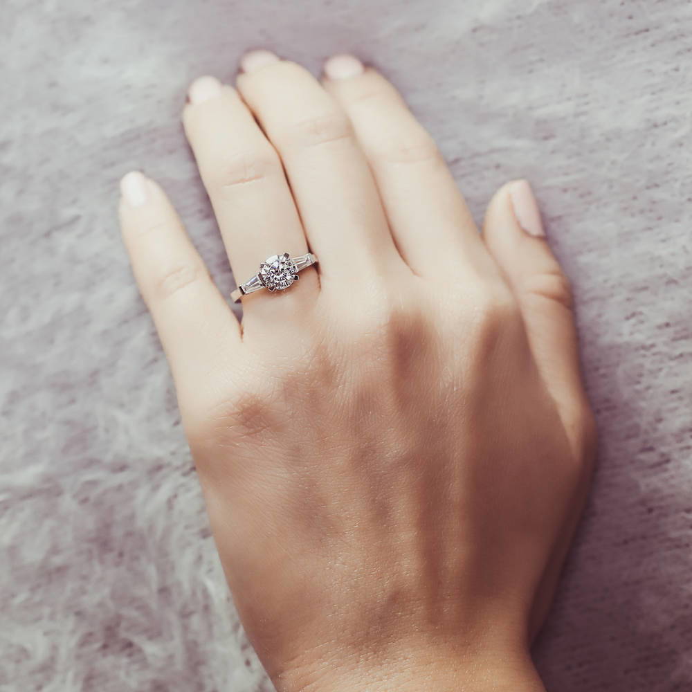 Model wearing Solitaire 1ct Round CZ Ring in Sterling Silver