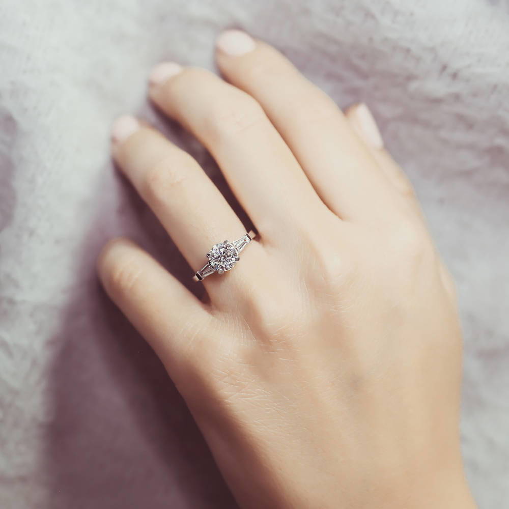 Model wearing Solitaire 1ct Round CZ Ring in Sterling Silver