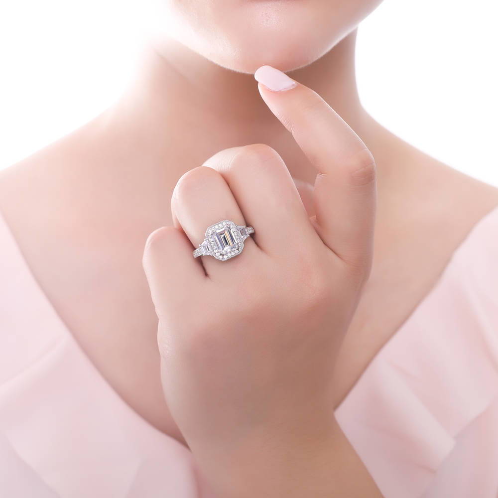 Model wearing Halo Emerald Cut CZ Statement Ring in Sterling Silver, 2 of 8