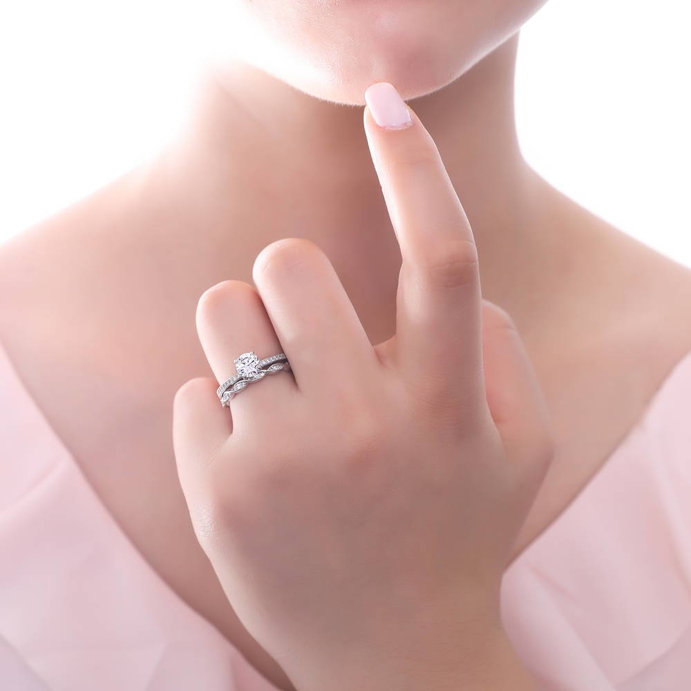 Model wearing Solitaire 1ct Round CZ Ring Set in Sterling Silver