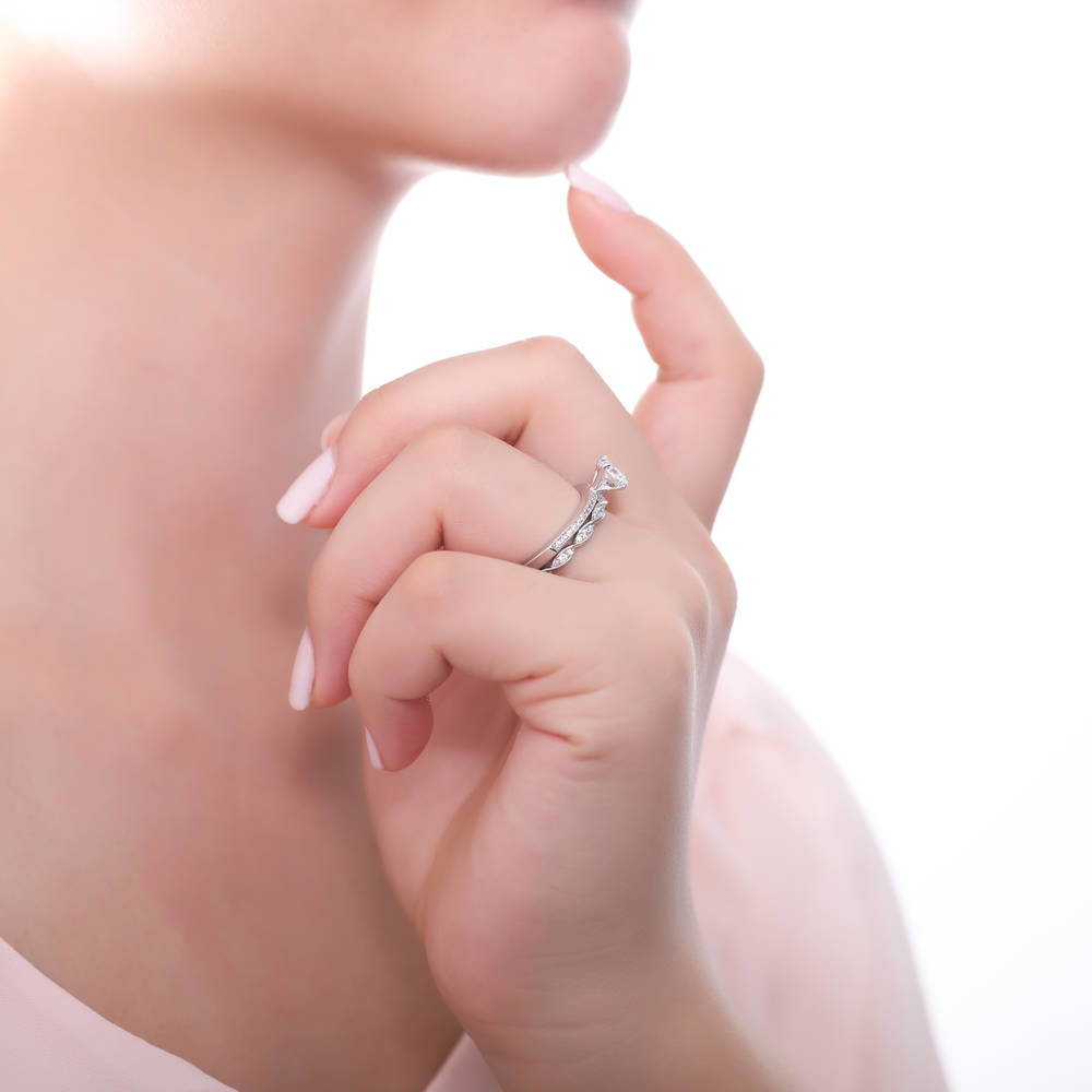 Solitaire 1ct Round CZ Ring Set in Sterling Silver