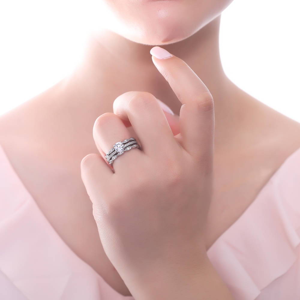 Model wearing Solitaire 1ct Round CZ Ring Set in Sterling Silver