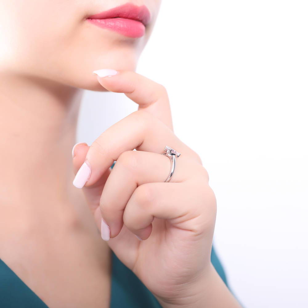 Model wearing Solitaire 1.8ct Pear CZ Ring in Sterling Silver