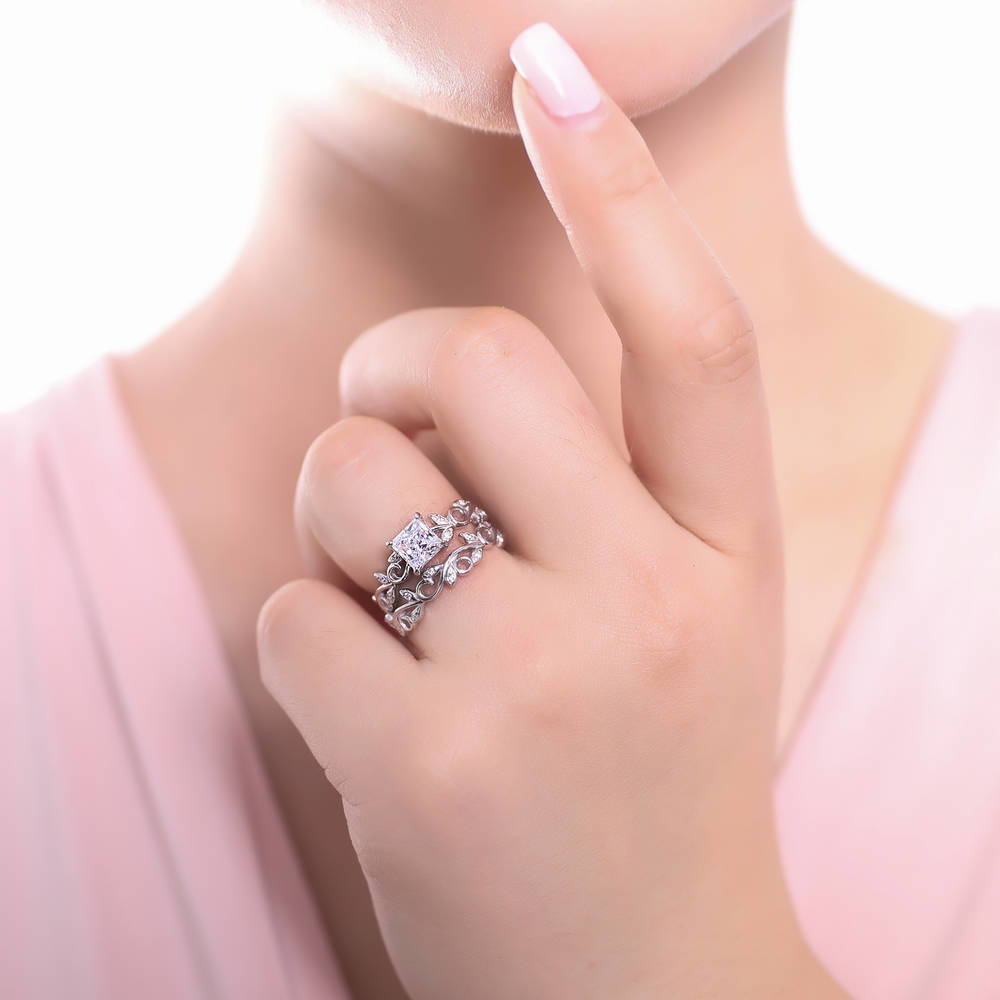 Model wearing Leaf Solitaire CZ Ring Set in Sterling Silver