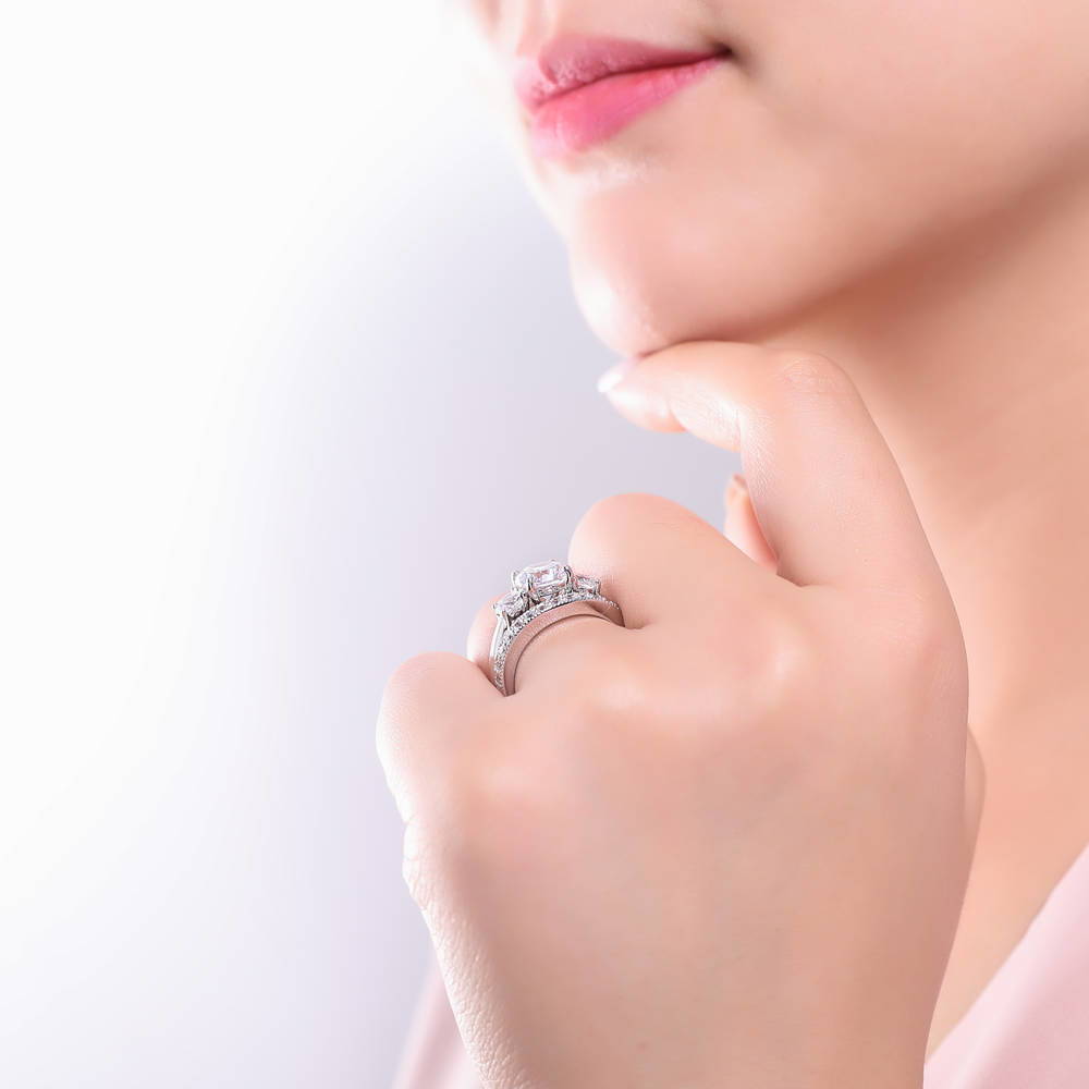 Model wearing 3-Stone Round CZ Ring Set in Sterling Silver