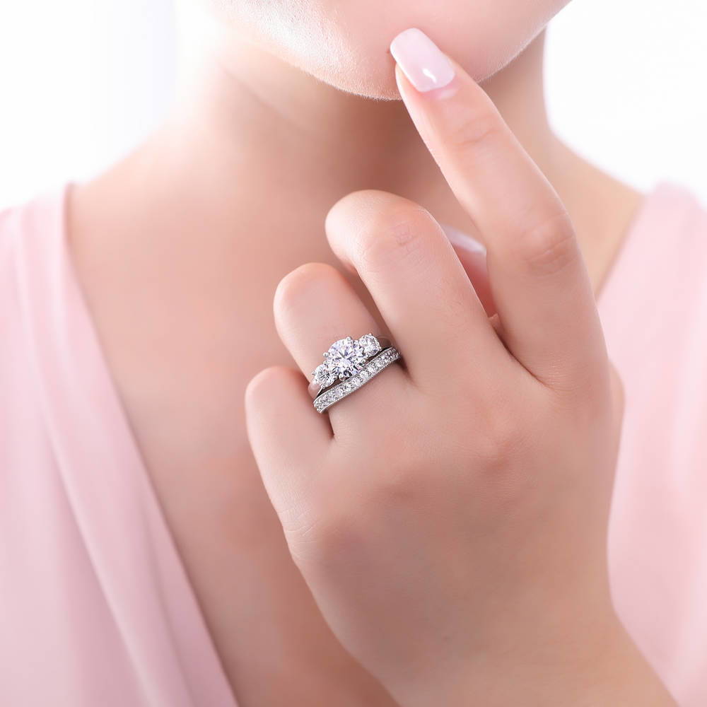 Model wearing 3-Stone Round CZ Ring Set in Sterling Silver