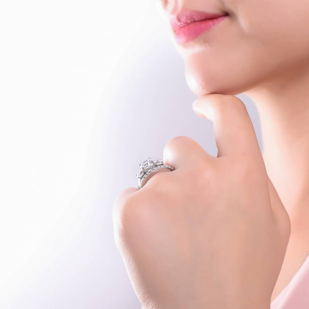 Model wearing 3-Stone Round CZ Ring Set in Sterling Silver