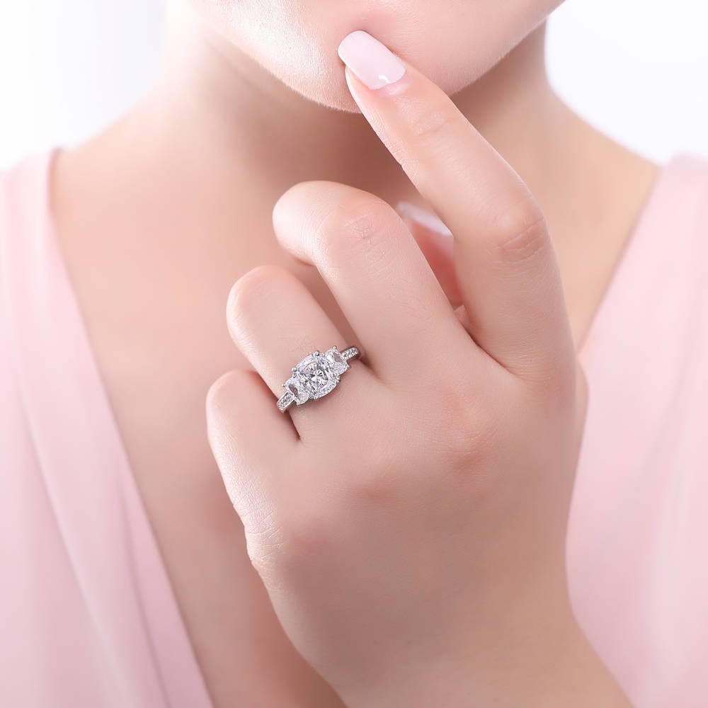 Model wearing 3-Stone Cushion CZ Ring in Sterling Silver, 2 of 10