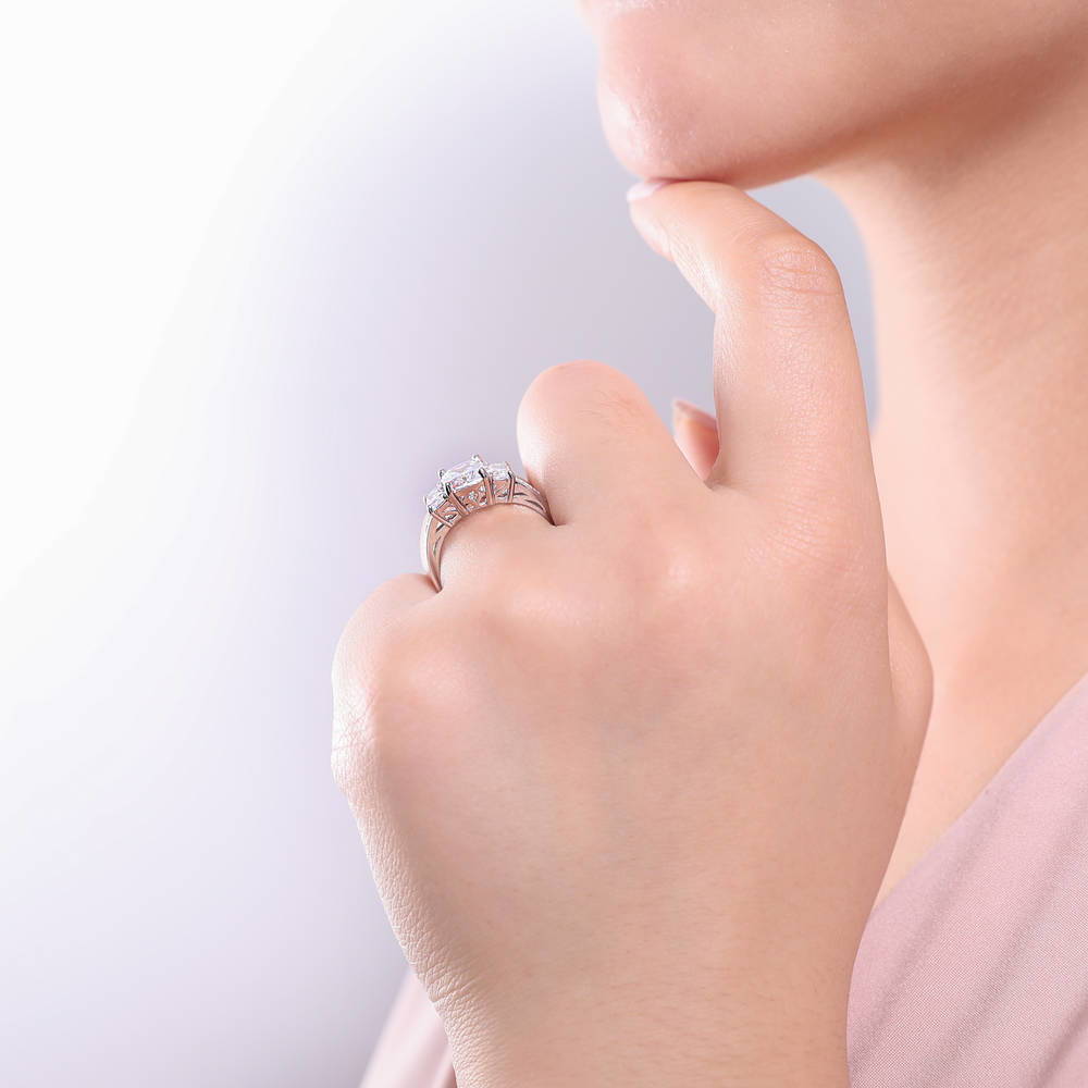 Model wearing 3-Stone Cushion CZ Ring in Sterling Silver, 8 of 10