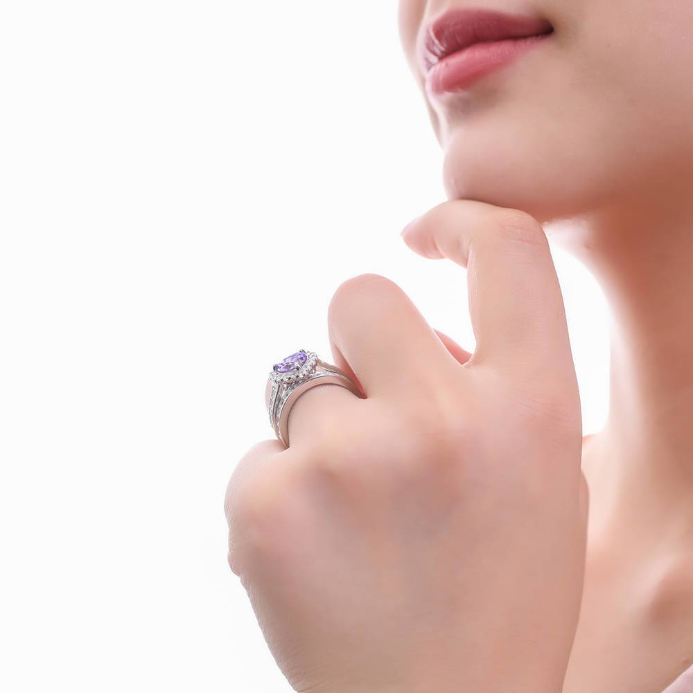 Model wearing Halo Heart Purple CZ Statement Ring Set in Sterling Silver