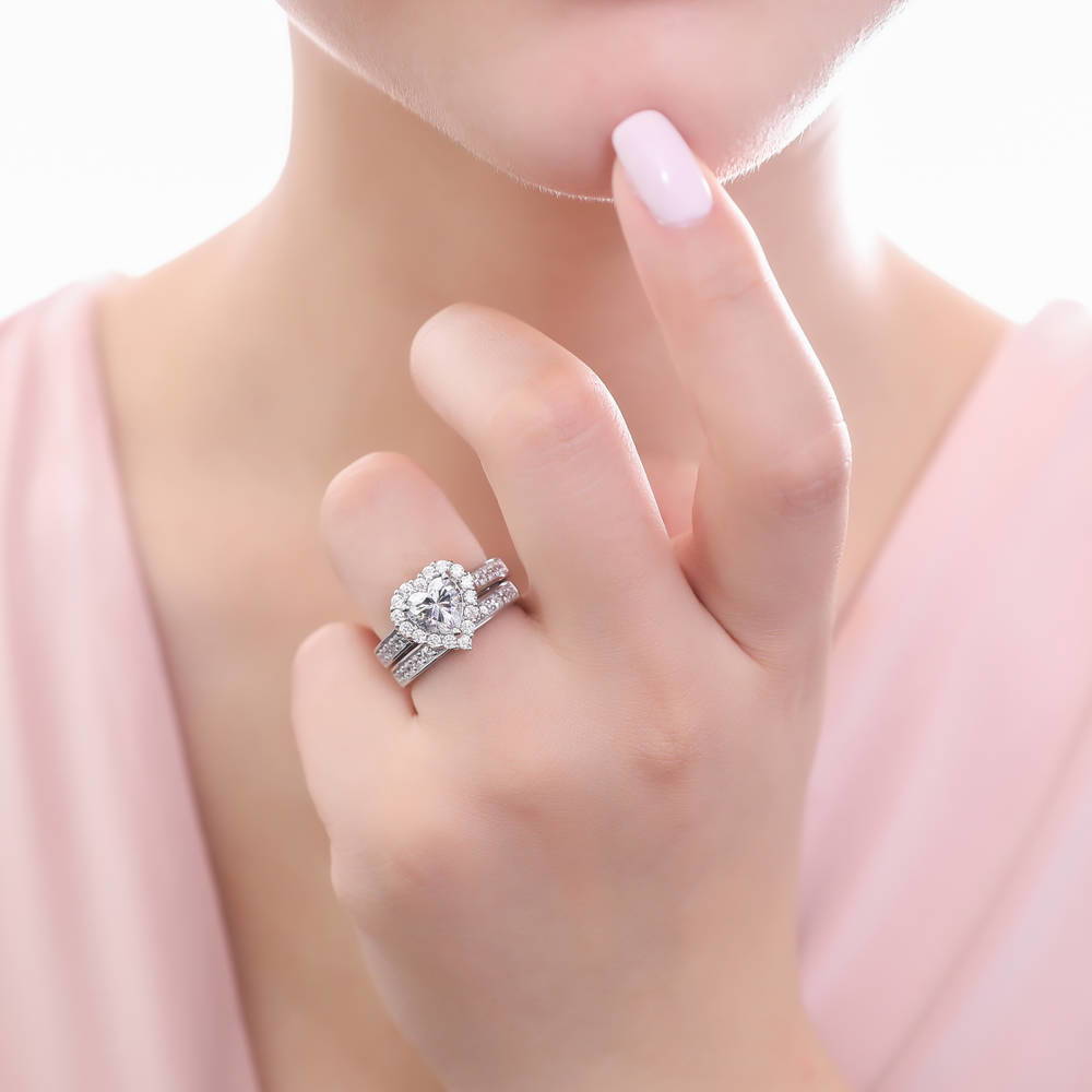Model wearing Halo Heart CZ Statement Ring Set in Sterling Silver