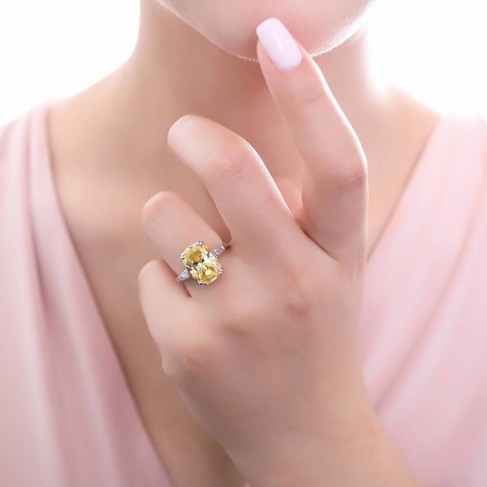 Model wearing 3-Stone Canary Yellow Cushion CZ Statement Ring in Sterling Silver