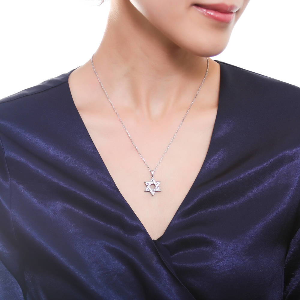 Model wearing Star of David CZ Pendant Necklace in Sterling Silver