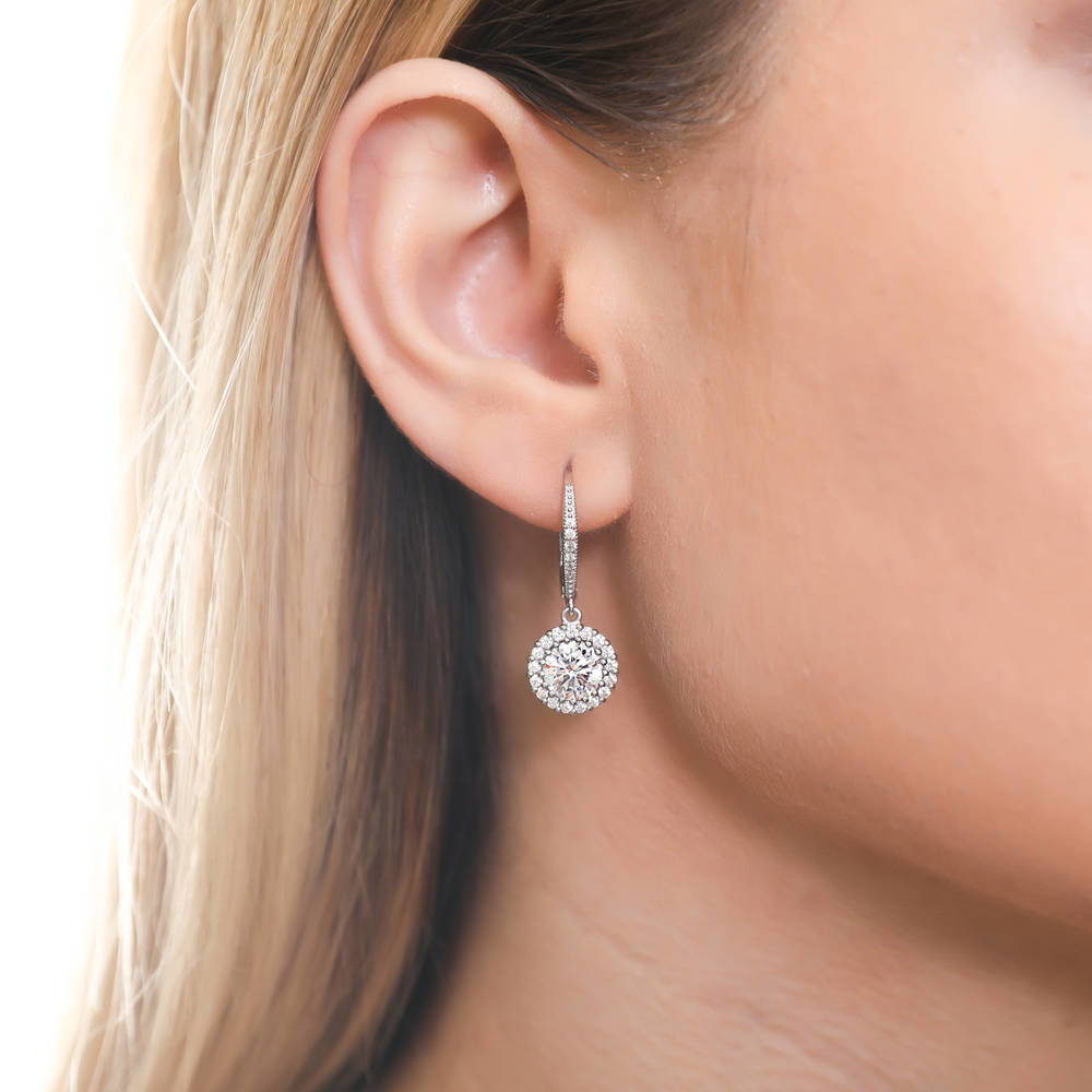Halo CZ Leverback Earrings in Sterling Silver