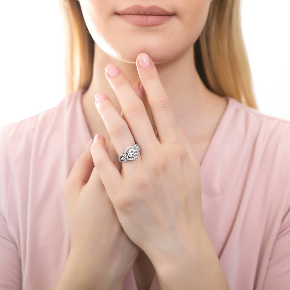 Model wearing 3-Stone Crown Round CZ Ring Set in Sterling Silver, 8 of 10