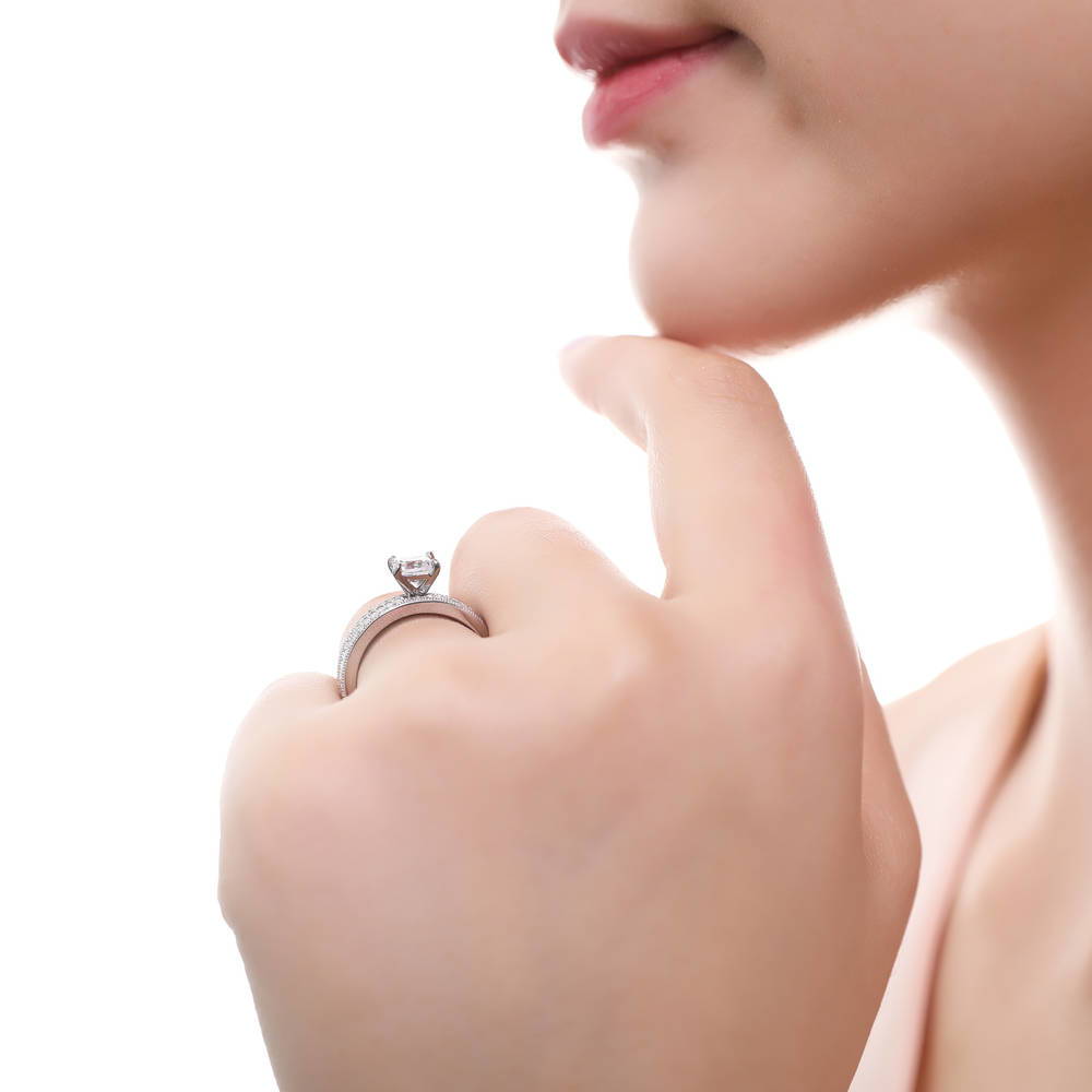 Model wearing Solitaire 1ct Princess CZ Ring Set in Sterling Silver