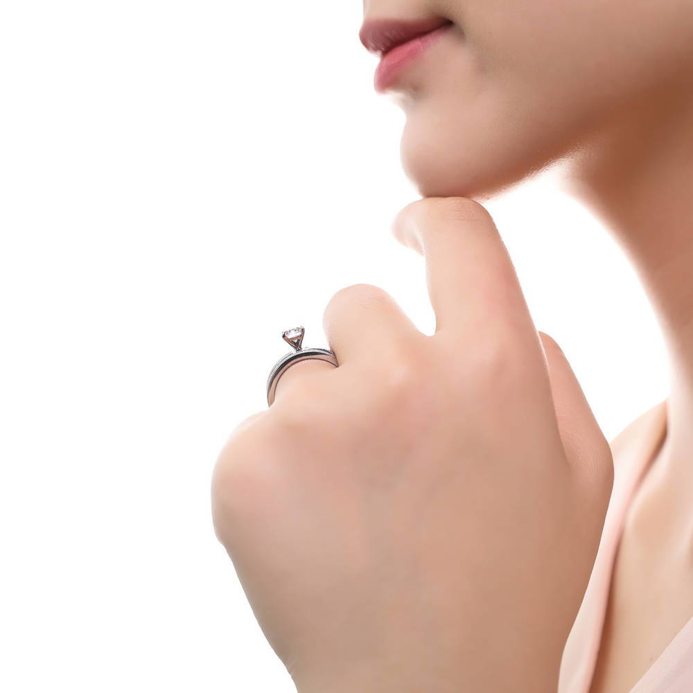 Model wearing Solitaire 1ct Round CZ Ring Set in Sterling Silver, 3 of 10