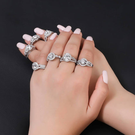 Image Contain: Model Wearing 3-Stone Ring, 3-Stone Split Shank Ring, Art Deco Ring, Halo Ring, Halo Split Shank Ring