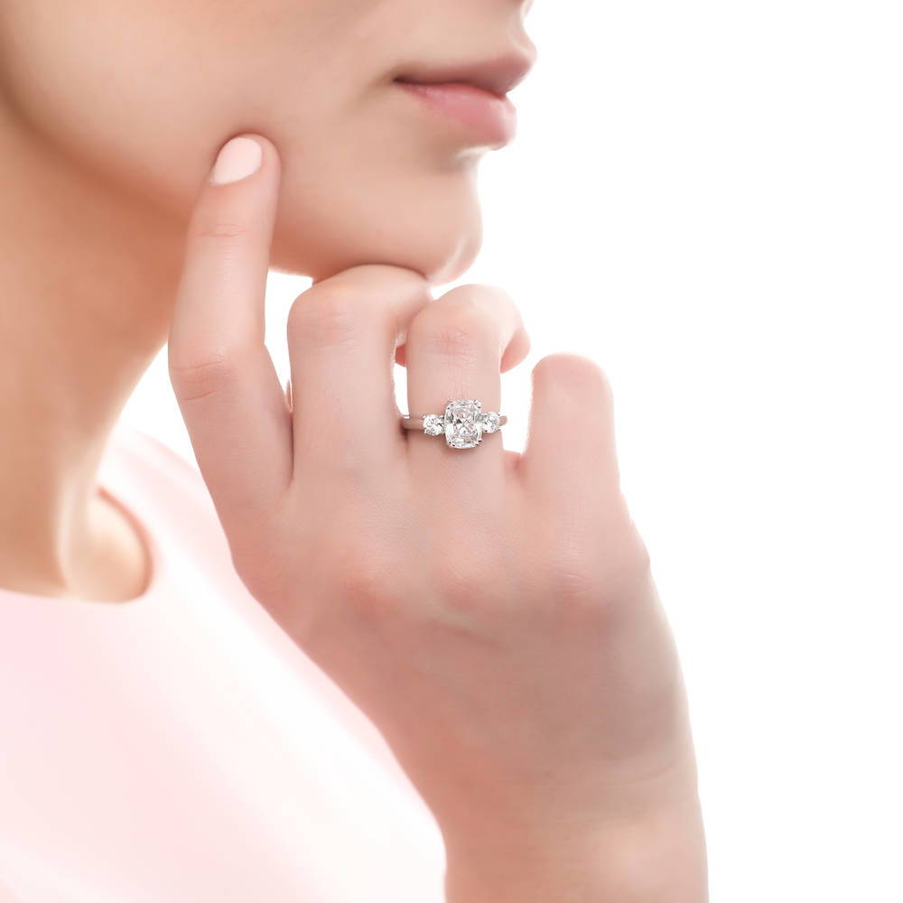 Model wearing 3-Stone Cushion CZ Ring in Sterling Silver, 2 of 6