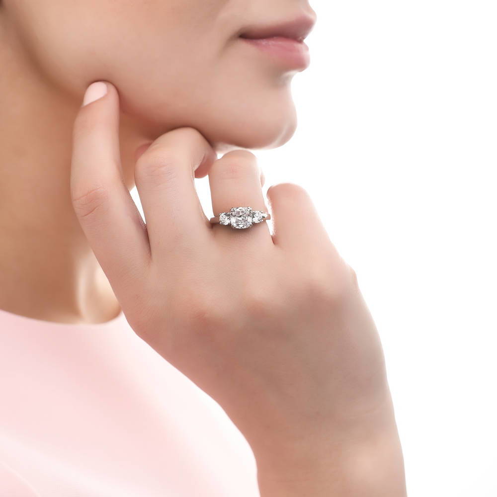 Model wearing 3-Stone Wishbone Cushion CZ Ring Set in Sterling Silver, 9 of 18