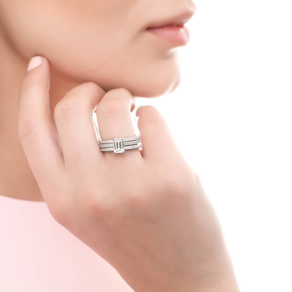 Solitaire 1ct Emerald Cut CZ Ring Set in Sterling Silver