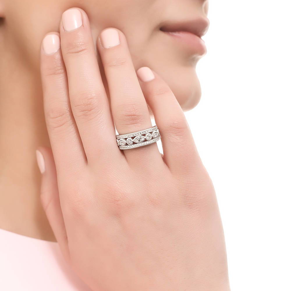 Model wearing Art Deco Milgrain Bezel Set CZ Half Eternity Ring in Sterling Silver