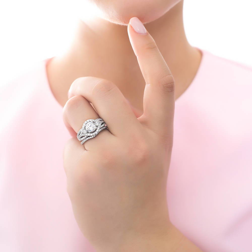 Model wearing 3-Stone Round CZ Ring Set in Sterling Silver