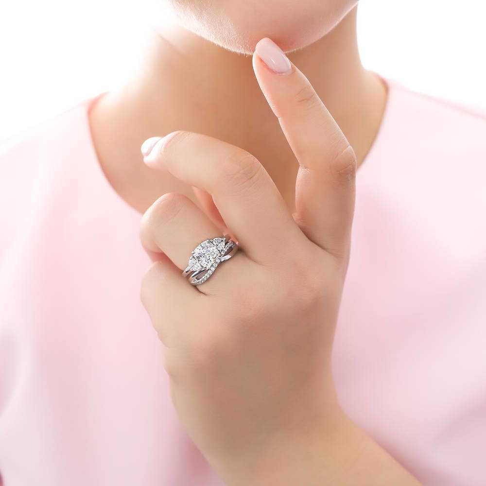 Model wearing 3-Stone Criss Cross Cushion CZ Ring Set in Sterling Silver, 2 of 14