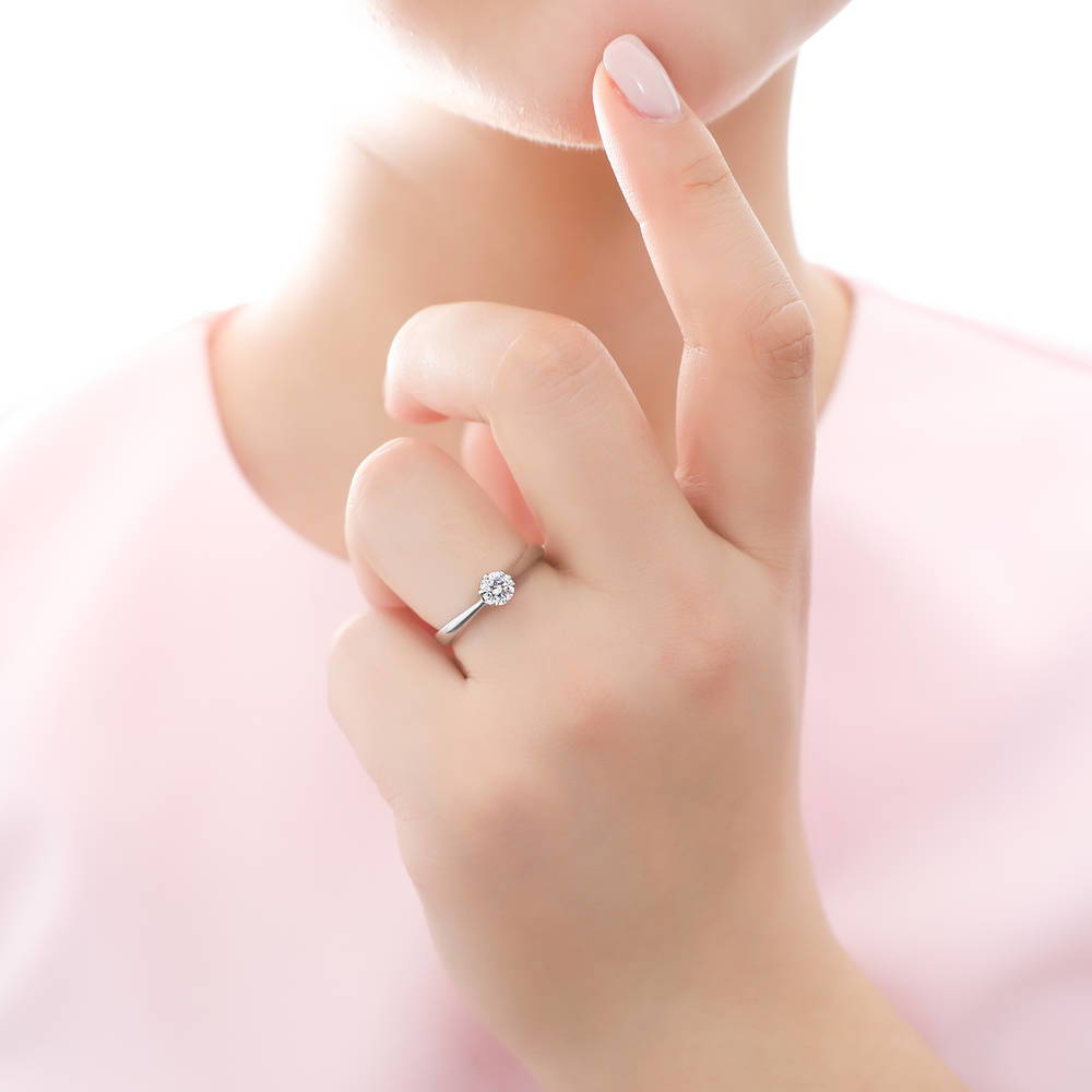 Model wearing Solitaire 0.45ct Round CZ Ring in Sterling Silver, 2 of 7