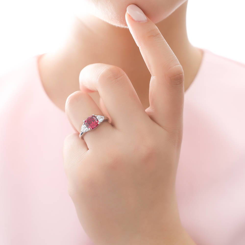 3-Stone Simulated Ruby Cushion CZ Ring in Sterling Silver