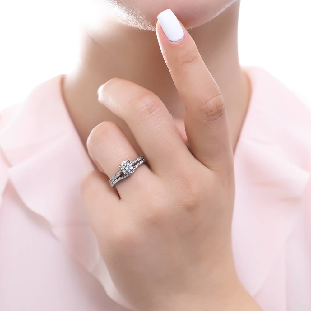 Model wearing Solitaire 1ct Round CZ Ring Set in Sterling Silver