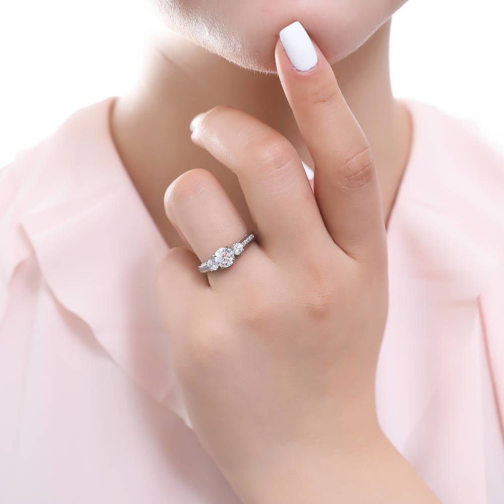 Model wearing 3-Stone Round CZ Ring in Sterling Silver, 5 of 12