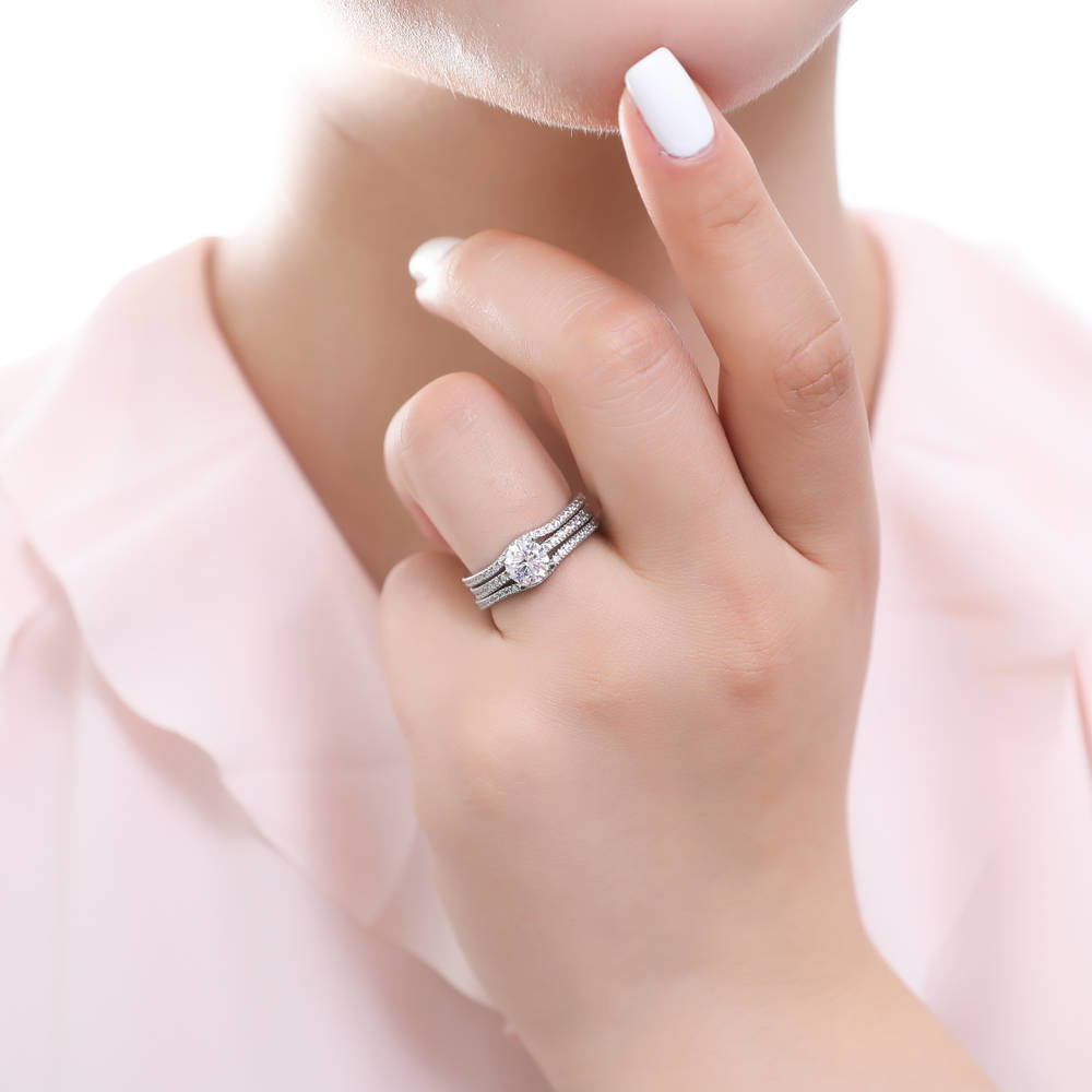 Model wearing Solitaire 1ct Round CZ Ring Set in Sterling Silver