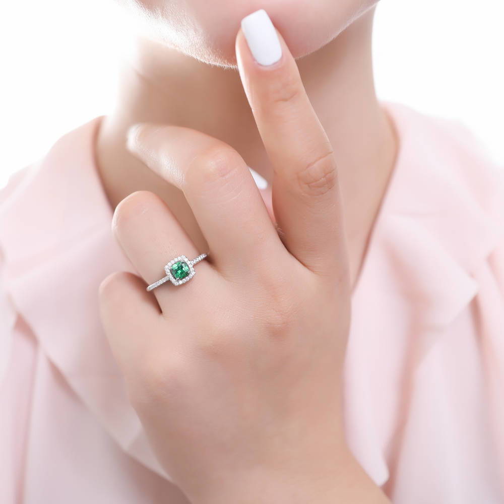 Model wearing Halo Simulated Emerald Cushion CZ Ring Set in Sterling Silver
