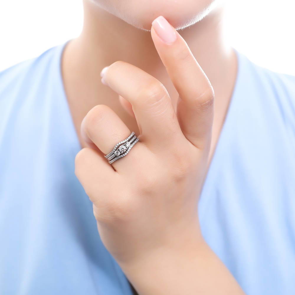 Model wearing 3-Stone Round CZ Ring Set in Sterling Silver, 2 of 11