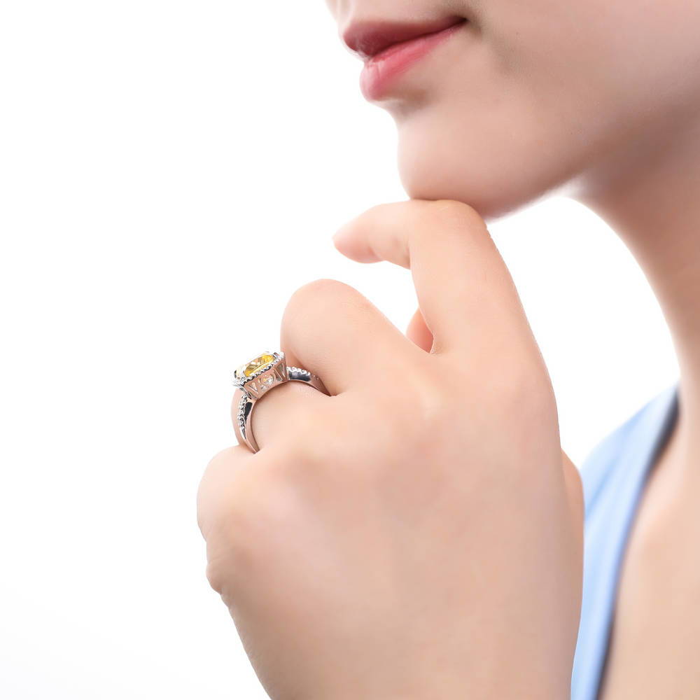 Model wearing Halo Canary Yellow Cushion CZ Statement Ring in Sterling Silver