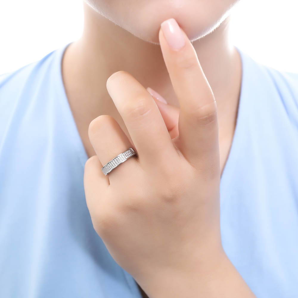 Model wearing Micro Pave Set CZ Half Eternity Ring in Sterling Silver