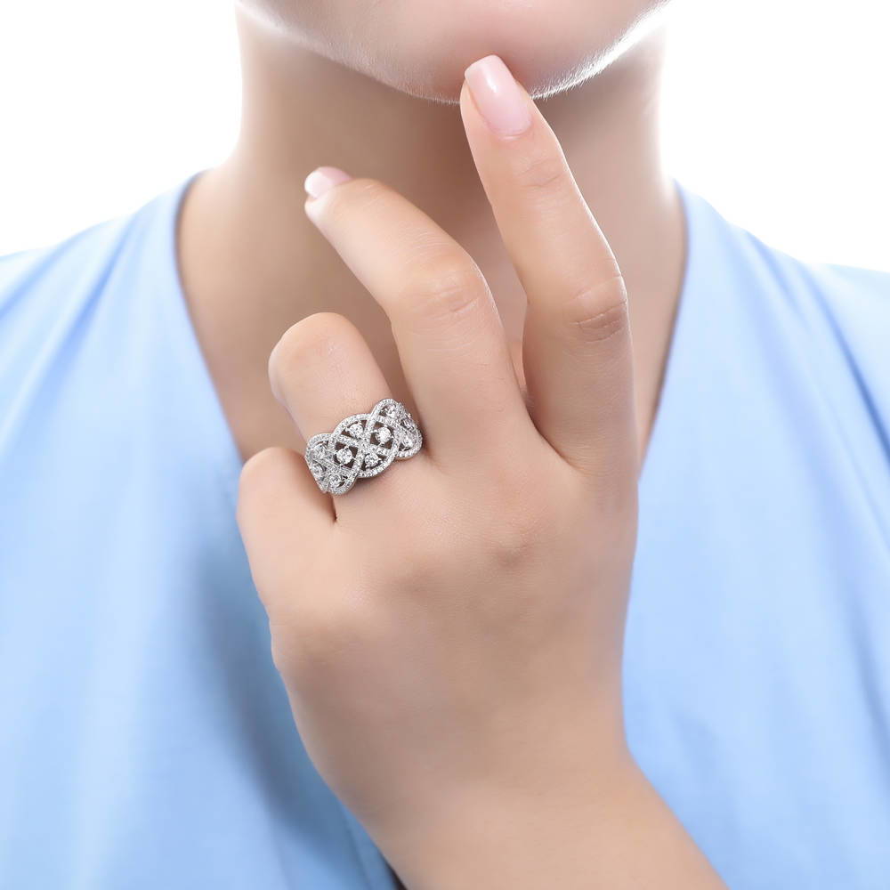 Model wearing Woven Art Deco CZ Statement Ring in Sterling Silver