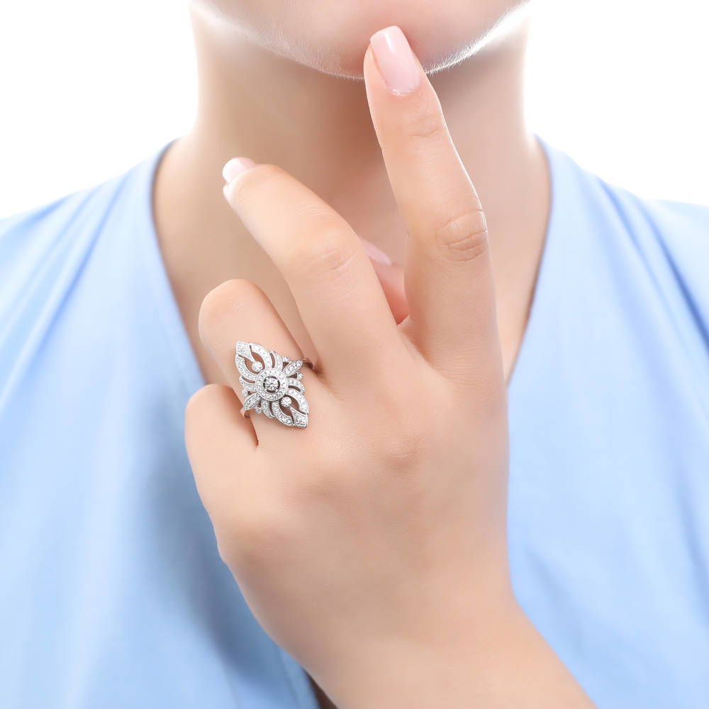 Model wearing Navette Art Deco CZ Statement Ring in Sterling Silver