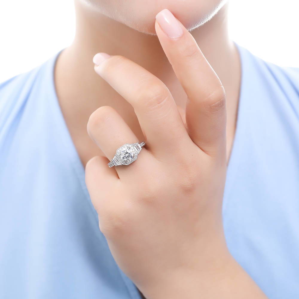Model wearing Halo Art Deco Round CZ Ring in Sterling Silver